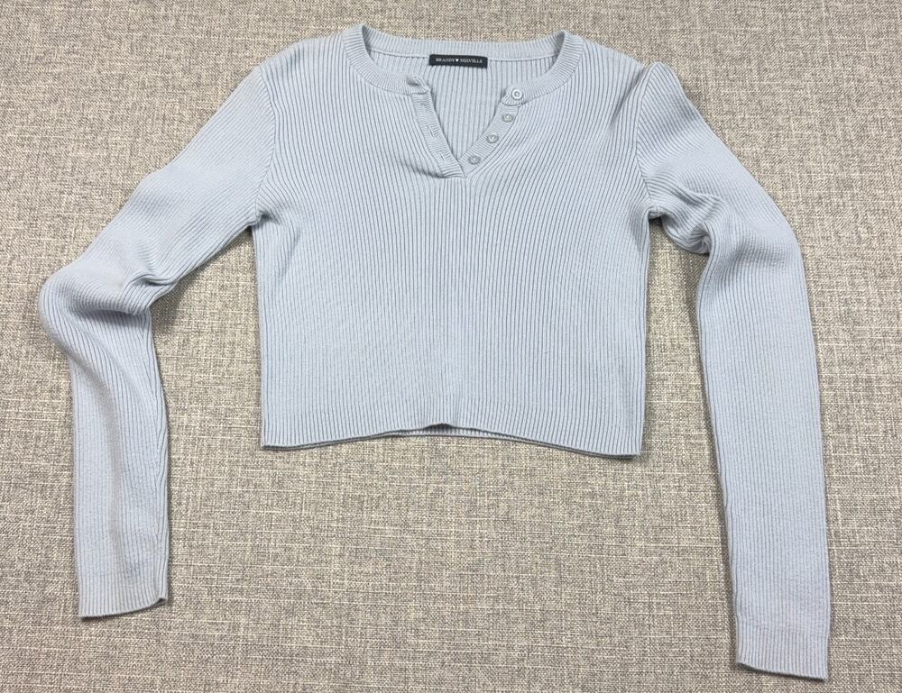 Brandy Melville Zelly Top One Size Light Blue Ribbed Cropped Henley Long Sleeve